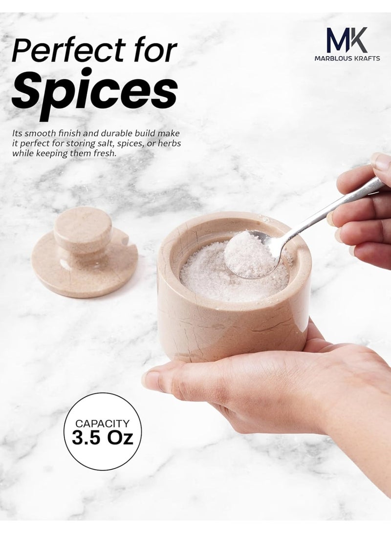 MARBLOUS KRAFTS Handmade Verona Marble Salt Cellar 3 Inch with Lid & Spoon, Flaky Salt & Seasoning Container, Small Spice & Sugar Jar, Perfect for Kitchen Countertop, Dining, or Gift - Image 2